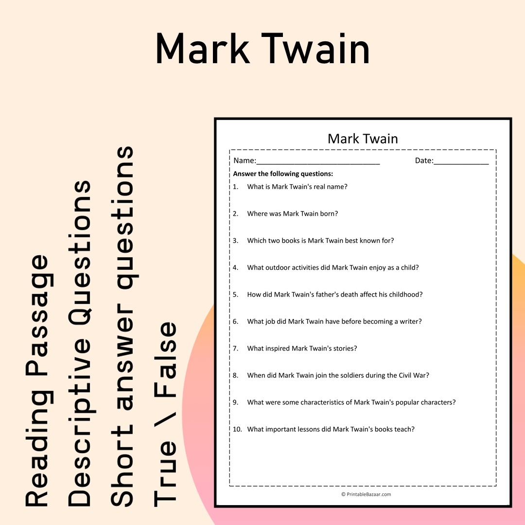 Mark Twain | Reading Comprehension Passage Printable Activity