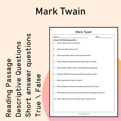 Mark Twain | Reading Comprehension Passage Printable Activity
