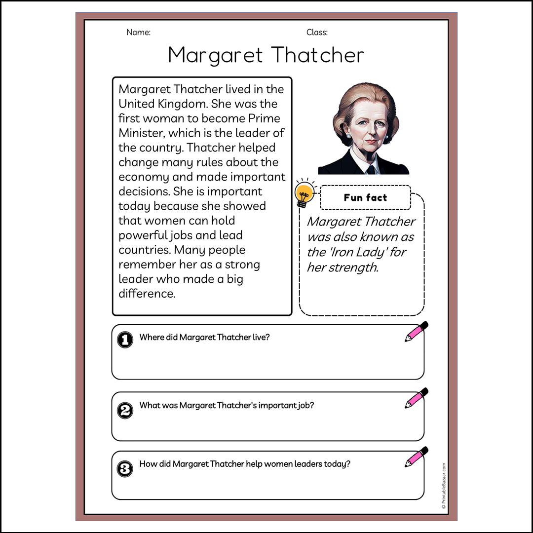 Margaret Thatcher | Reading Passage Comprehension Questions Writing Facts Worksheet