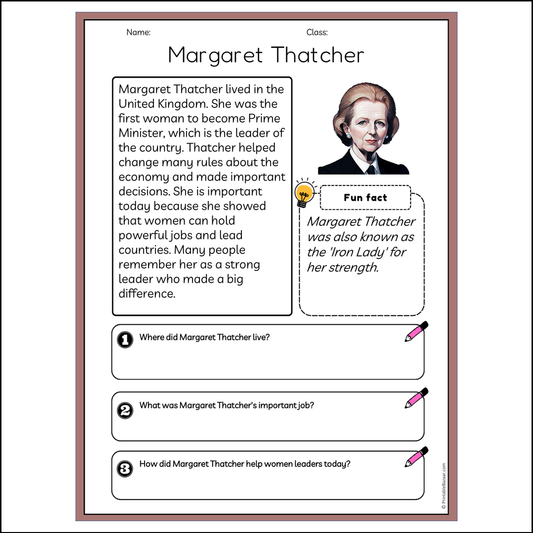 Margaret Thatcher | Reading Passage Comprehension Questions Writing Facts Worksheet