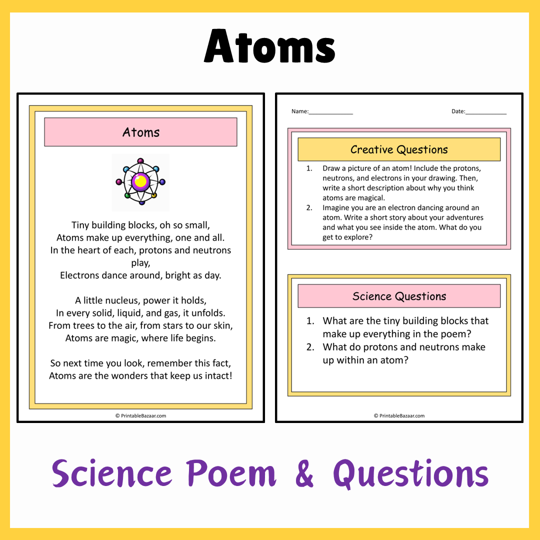 Atoms | Science Poem Reading Comprehension Activity