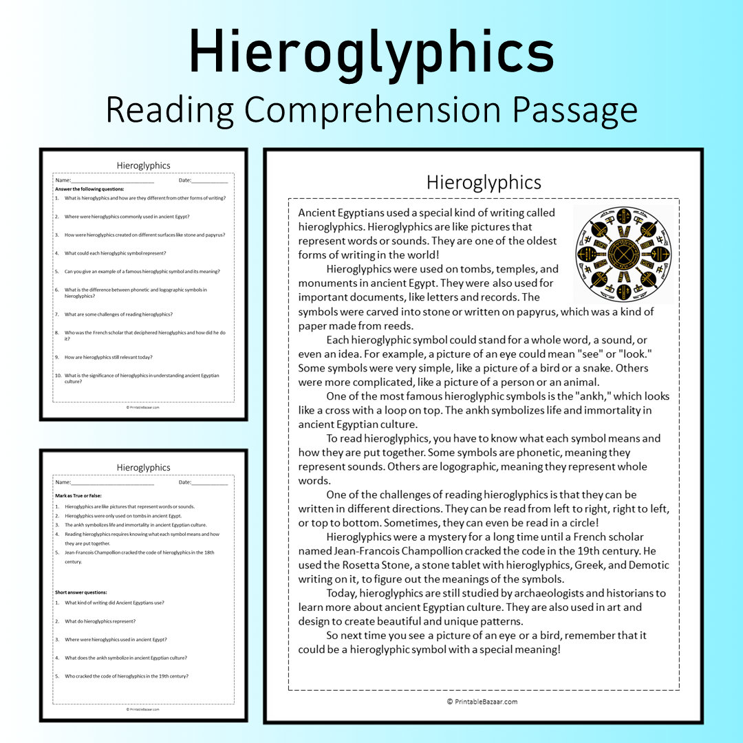 Hieroglyphics | Reading Comprehension Passage Printable Worksheet