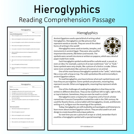 Hieroglyphics | Reading Comprehension Passage Printable Worksheet