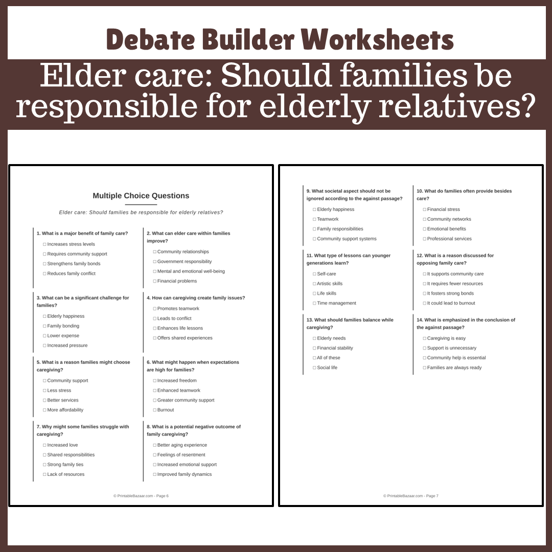 Elder care: Should families be responsible for elderly relatives? | Favour and Against Worksheet Printable Activity