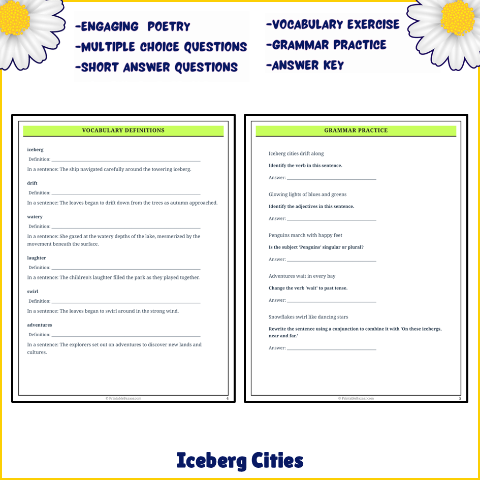 Iceberg Cities | Poem Grammar Worksheet Printable Activity