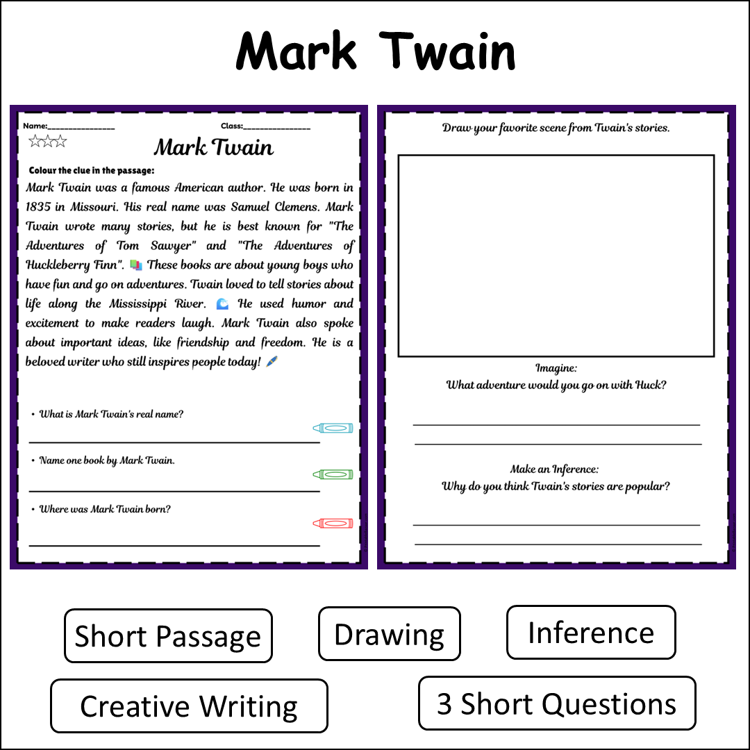 Mark Twain | Short Reading Comprehension Creative Worksheet