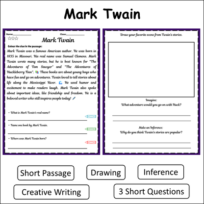 Mark Twain | Short Reading Comprehension Creative Worksheet