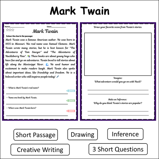 Mark Twain | Short Reading Comprehension Creative Worksheet