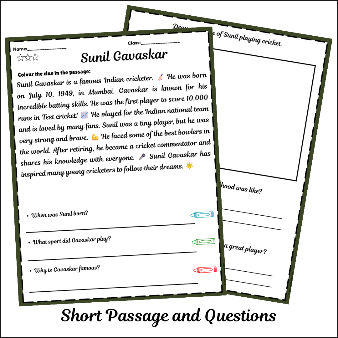 Sunil Gavaskar | Short Reading Comprehension Creative Worksheet