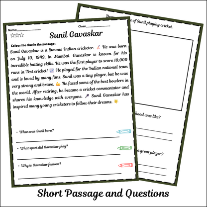 Sunil Gavaskar | Short Reading Comprehension Creative Worksheet