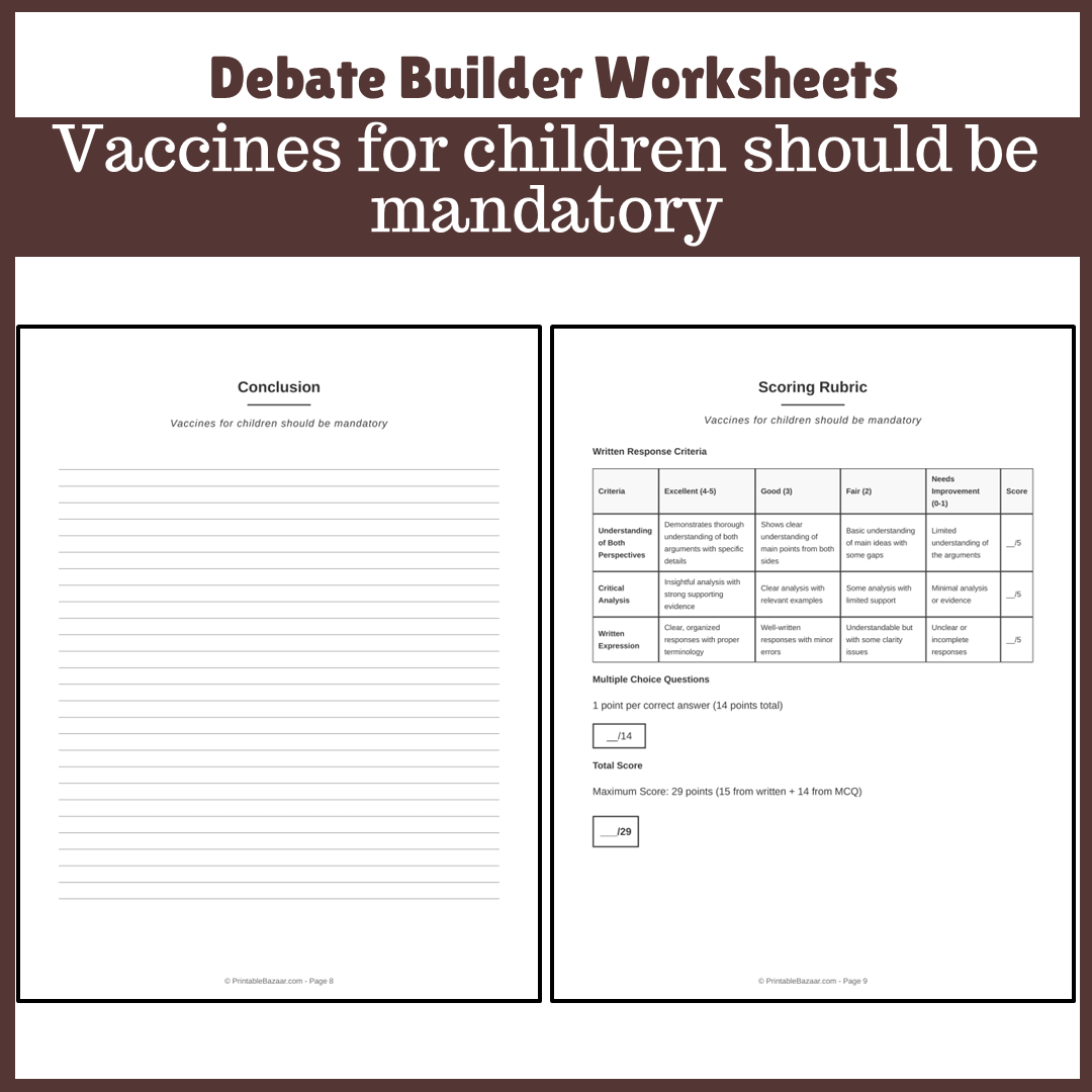 Vaccines for children should be mandatory | Favour and Against Worksheet Printable Activity