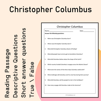 Christopher Columbus | Reading Comprehension Passage Printable Activity