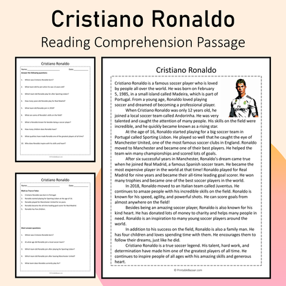 Cristiano Ronaldo | Reading Comprehension Passage Printable Activity