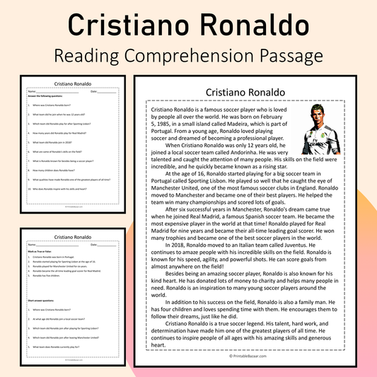 Cristiano Ronaldo | Reading Comprehension Passage Printable Activity