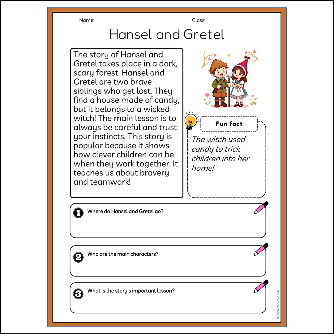 Hansel and Gretel | Reading Passage Comprehension Questions Writing Facts Worksheet