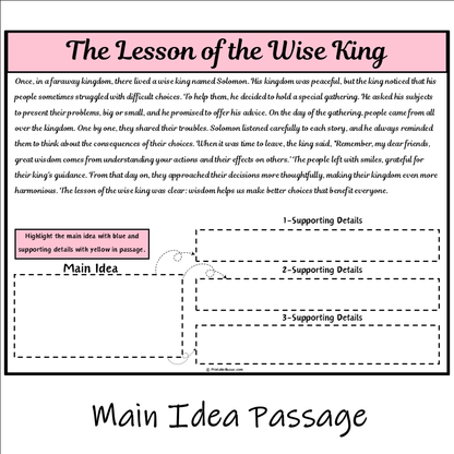 The Lesson of the Wise King | Main Idea and Supporting Details Reading Passage and Questions