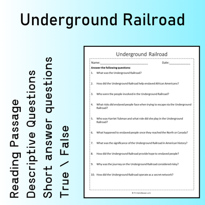 Underground Railroad | Reading Comprehension Passage Printable Worksheet