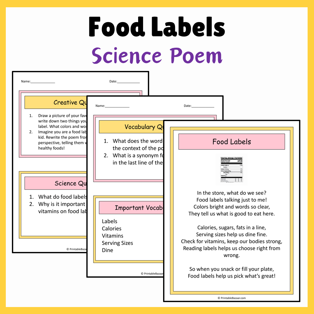 Food Labels | Science Poem Reading Comprehension Activity