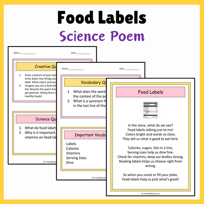 Food Labels | Science Poem Reading Comprehension Activity