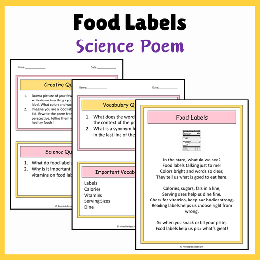 Food Labels | Science Poem Reading Comprehension Activity