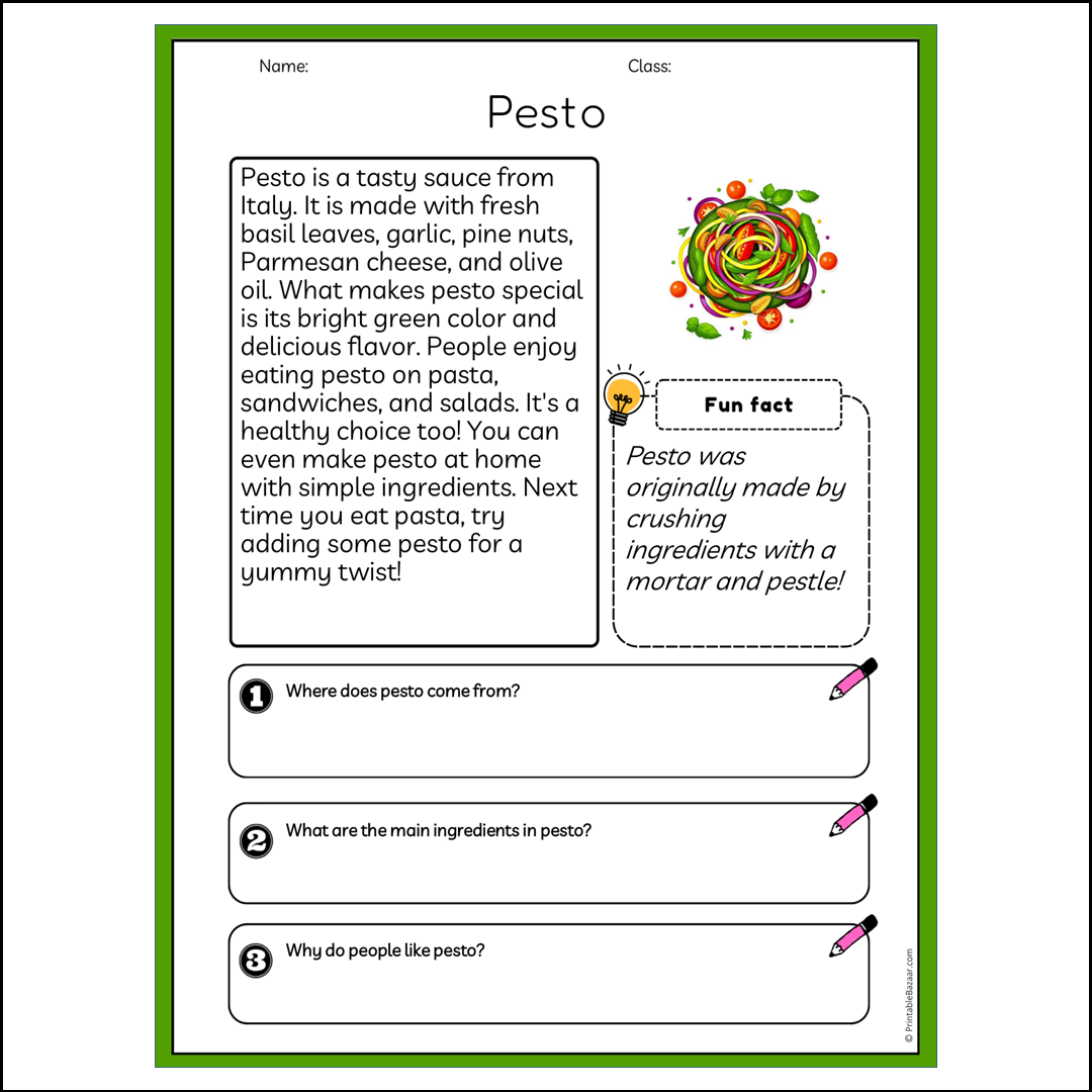 Pesto | Reading Passage Comprehension Questions Writing Facts Worksheet