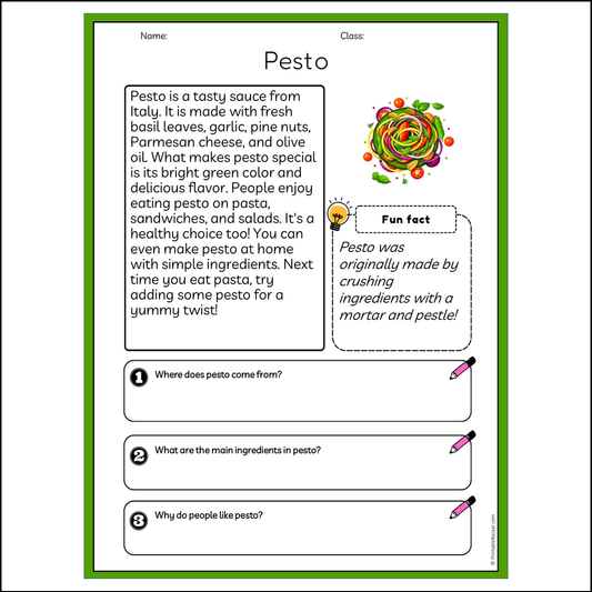 Pesto | Reading Passage Comprehension Questions Writing Facts Worksheet