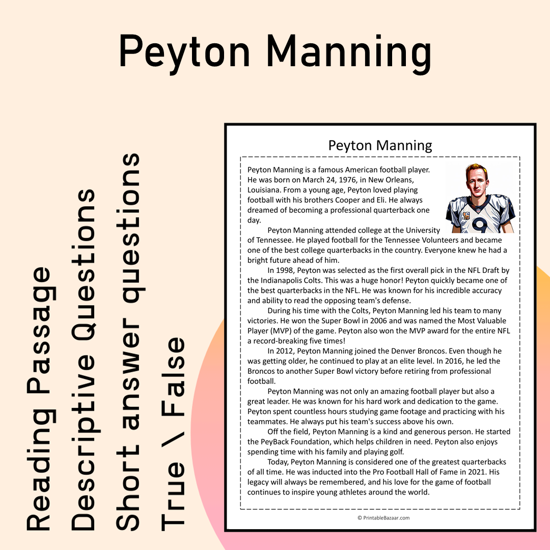 Peyton Manning | Reading Comprehension Passage Printable Activity