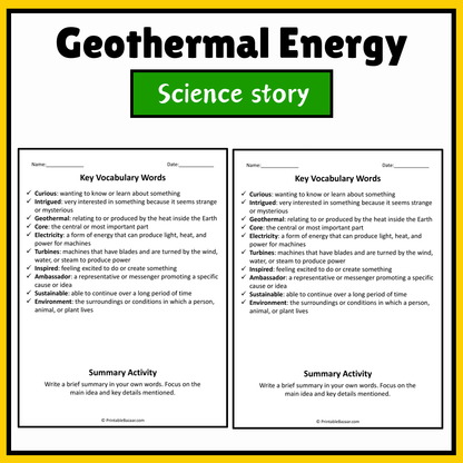 Geothermal Energy | Science Story Reading Comprehension Activity