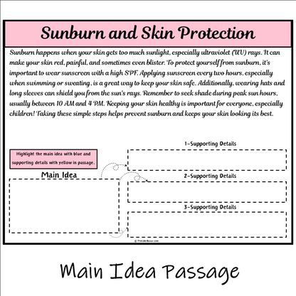 Sunburn and Skin Protection | Main Idea and Supporting Details Reading Passage and Questions