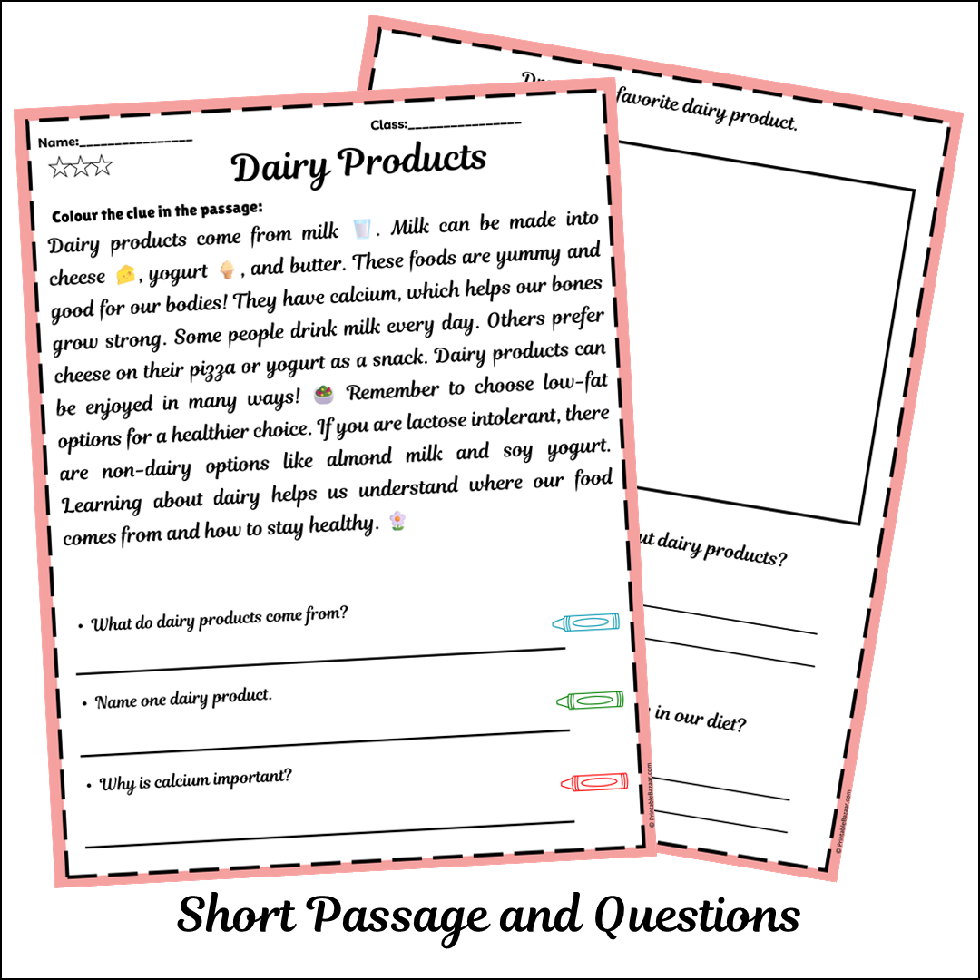 Dairy Products | Short Reading Comprehension Creative Worksheet