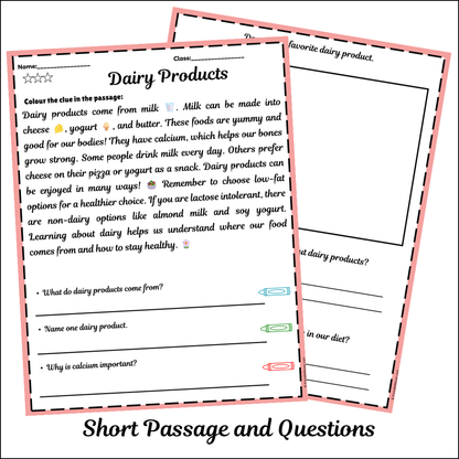 Dairy Products | Short Reading Comprehension Creative Worksheet