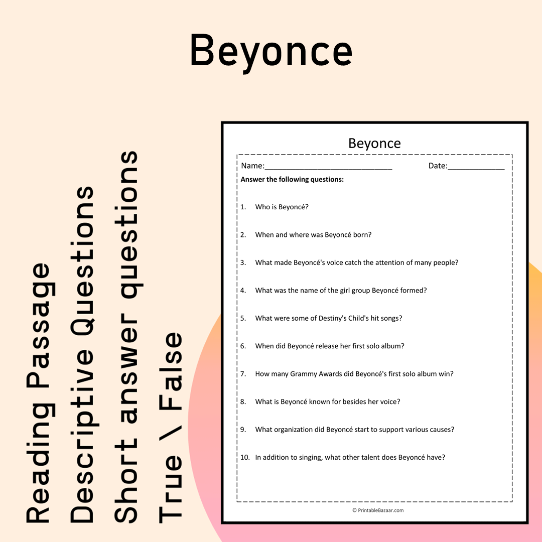 Beyonce | Reading Comprehension Passage Printable Activity