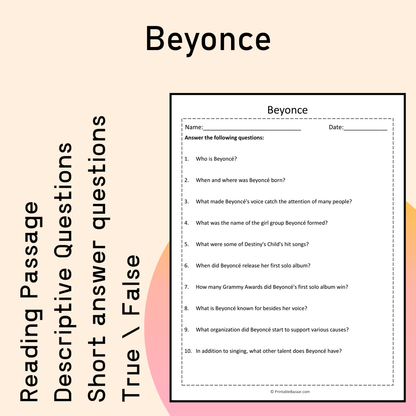Beyonce | Reading Comprehension Passage Printable Activity