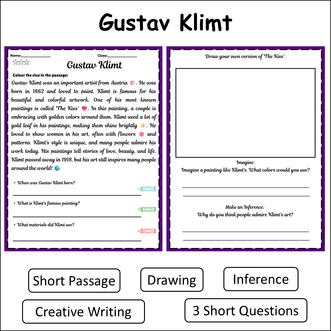 Gustav Klimt | Short Reading Comprehension Creative Worksheet