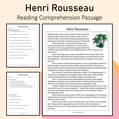 Henri Rousseau | Reading Comprehension Passage Printable Activity