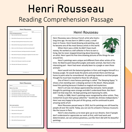 Henri Rousseau | Reading Comprehension Passage Printable Activity