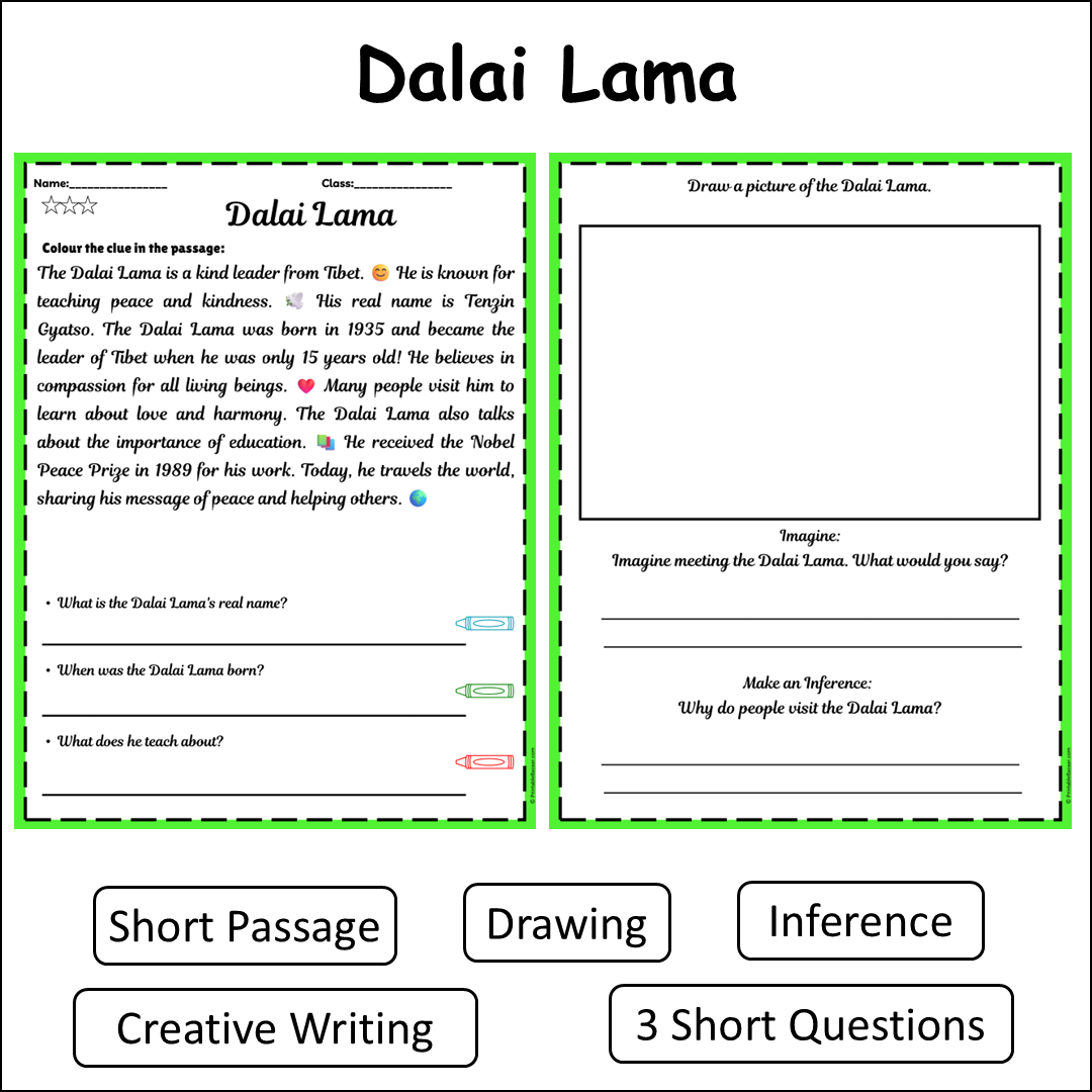 Dalai Lama | Short Reading Comprehension Creative Worksheet