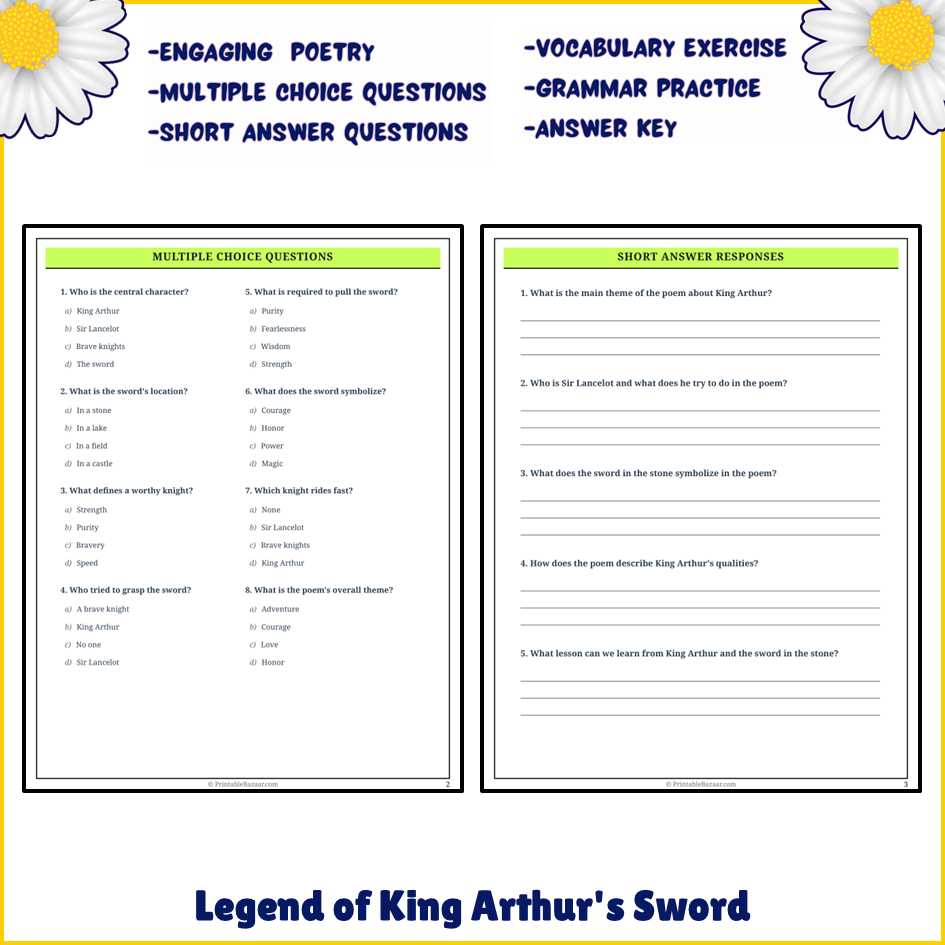 Legend of King Arthur's Sword | Poem Grammar Worksheet Printable Activity