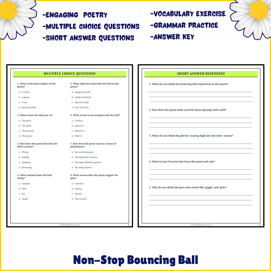 Non-Stop Bouncing Ball | Poem Grammar Worksheet Printable Activity