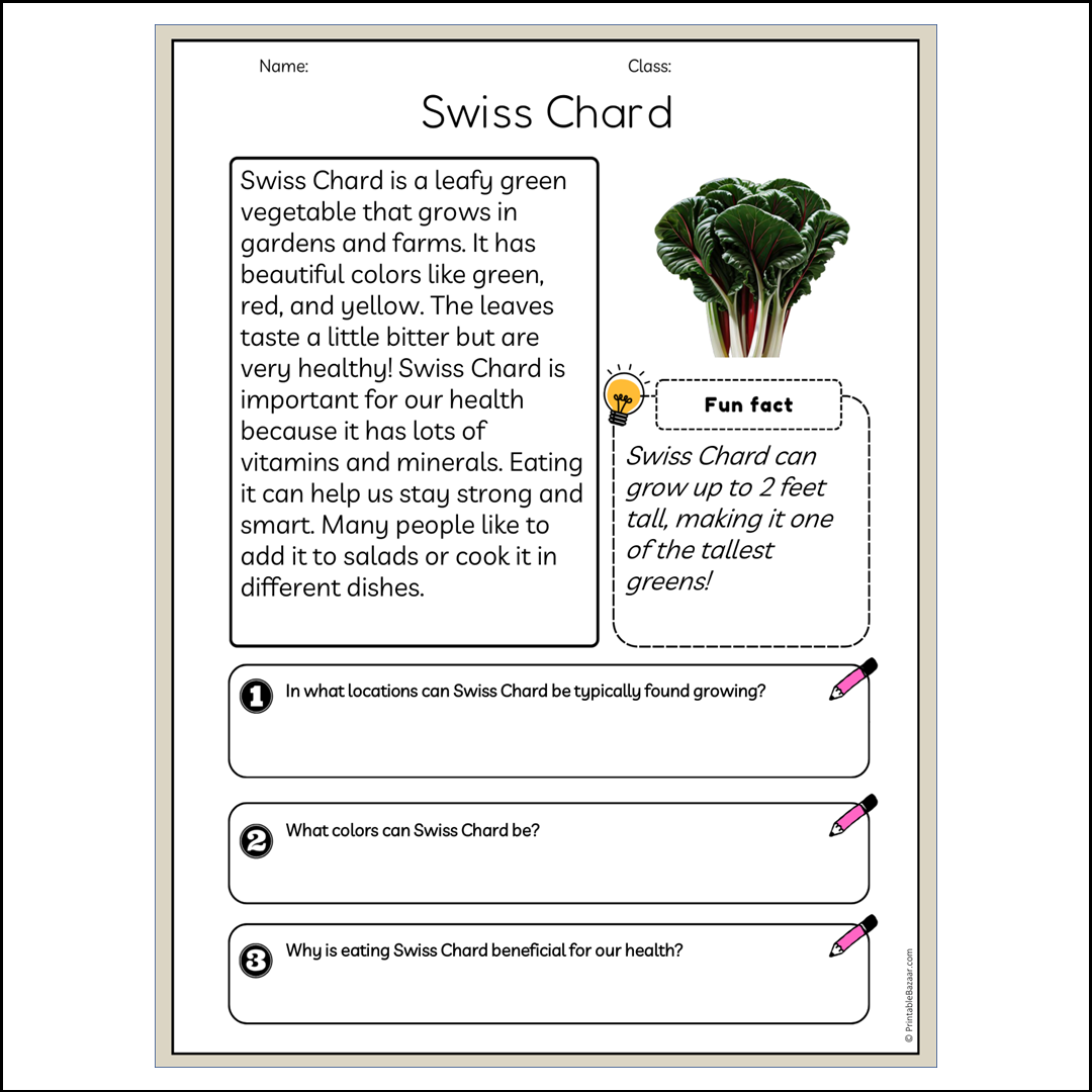 Swiss Chard | Reading Passage Comprehension Questions Writing Facts Worksheet