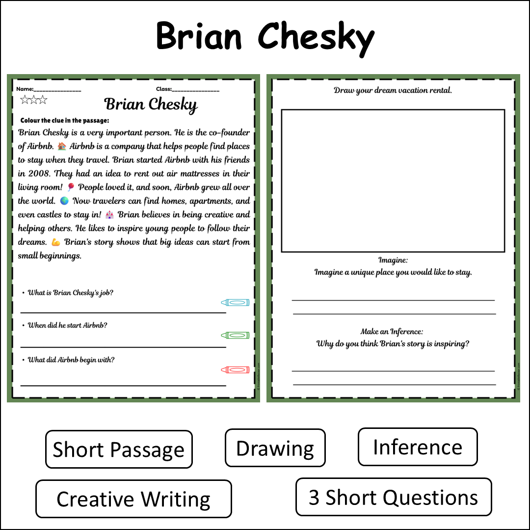 Brian Chesky | Short Reading Comprehension Creative Worksheet