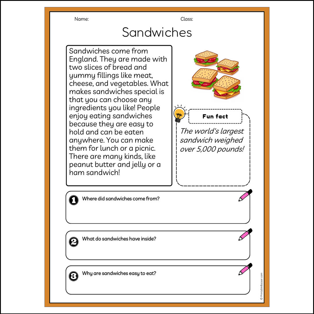 Sandwiches | Reading Passage Comprehension Questions Writing Facts Worksheet