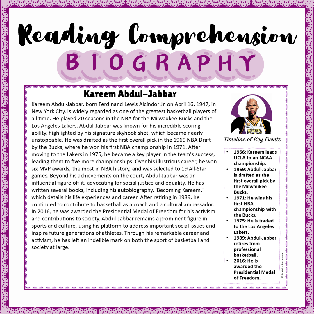 Kareem Abdul-Jabbar | Biography Reading Comprehension and Questions Worksheet