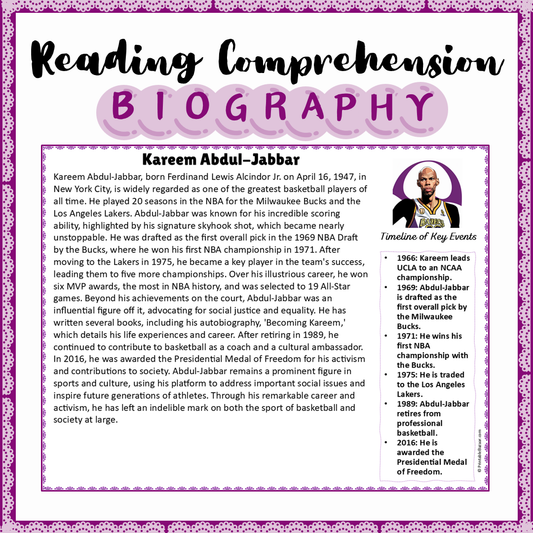 Kareem Abdul-Jabbar | Biography Reading Comprehension and Questions Worksheet