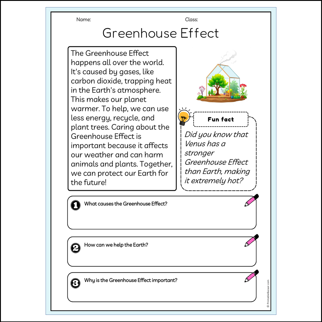 Greenhouse Effect | Reading Passage Comprehension Questions Writing Facts Worksheet