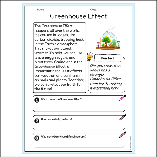 Greenhouse Effect | Reading Passage Comprehension Questions Writing Facts Worksheet