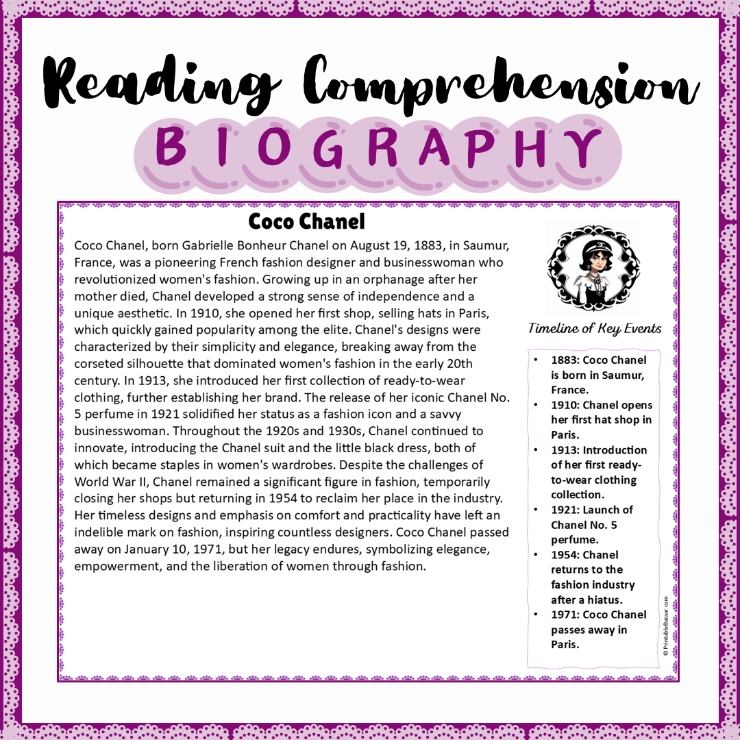 Coco Chanel | Biography Reading Comprehension and Questions Worksheet