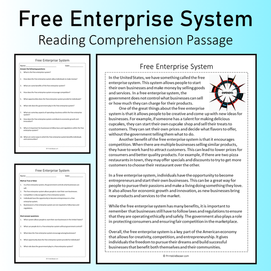 Free Enterprise System | Reading Comprehension Passage Printable Worksheet