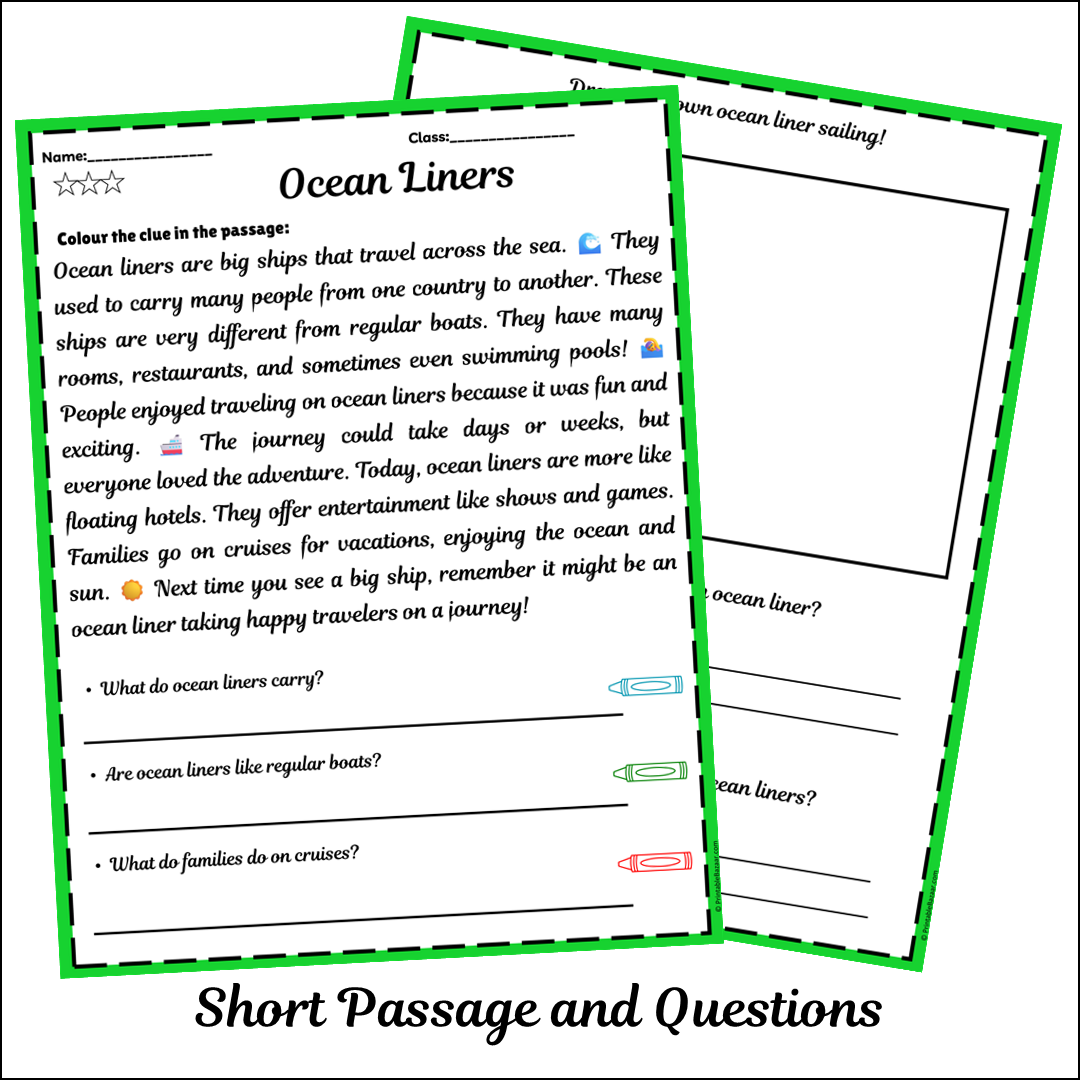 Ocean Liners | Short Reading Comprehension Creative Worksheet