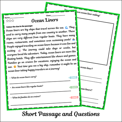 Ocean Liners | Short Reading Comprehension Creative Worksheet